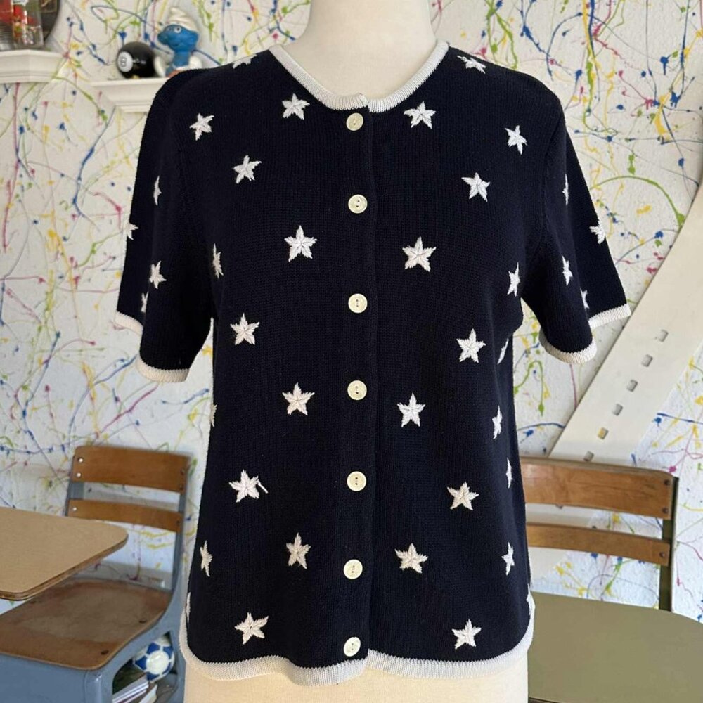 3 for $50💚Dark Navy White Stars Patriotic Hand Embroidered Short Sleeve Sweater
